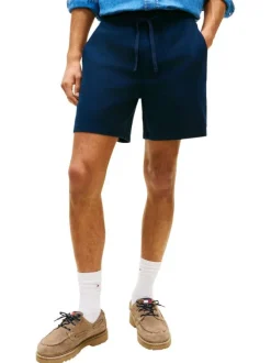 Short Jogging en lin et coton marine uni avec une taille élastiquée
