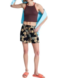 Short noir à coupe droite pourvu d'une taille élastiquée avec cordon de serrage