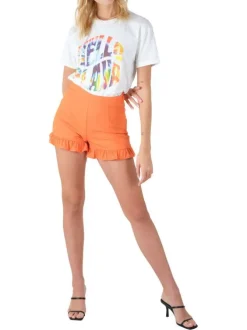 Short orange uni à volants à taille haute et fermeture zippée