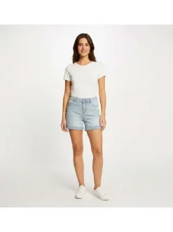 Short 5 Poches bleu jean clair uni à revers avec poches avant et arrière