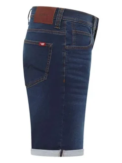 Short 5 Poches Chicago en coton mélangé marine uni à revers avec des poches