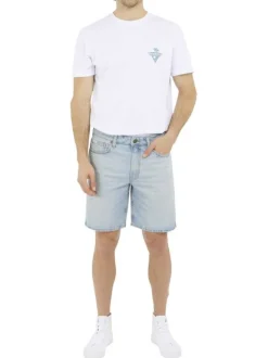 Short 5 poches en coton bleu clair uni à coupe droite avec des passants