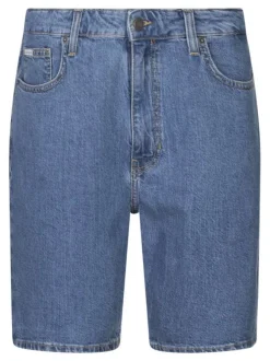 Short 5 poches en coton indigo uni avec une coupe droite et un patch