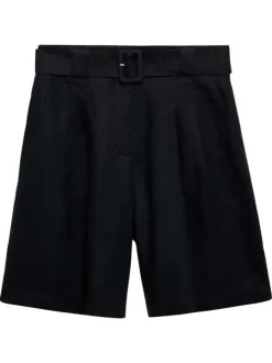Short 5 poches en lin noir uni avec une coupe droite et une ceinture