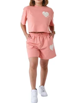 Short rose en jogging à coupe droite avec 3 poches et coeur blanc brodé
