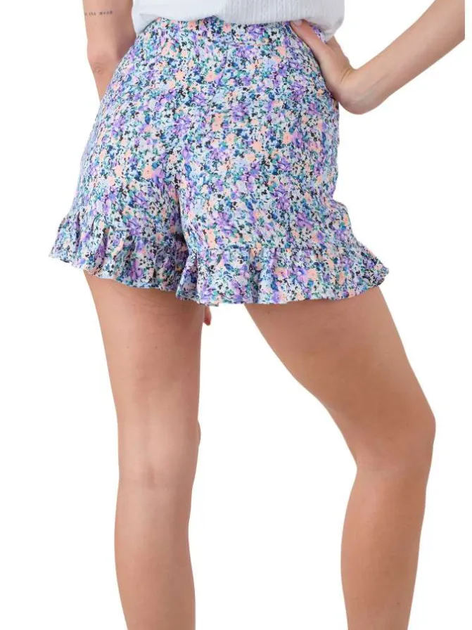 Short à volants multicolore imprimé fleuri et une taille haute