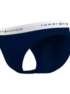 Slip bleu marine uni avec une ceinture élastiquée et logo de la marque