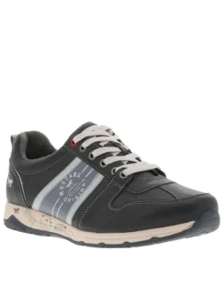 Sneakers anthracite et bleues avec logo de la marque et lacets plats