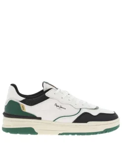 Sneakers blanches et vertes à semelle plate avec lacets plats et logos embossés