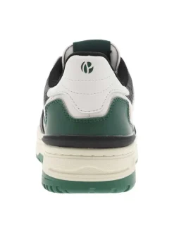 Sneakers blanches et vertes à semelle plate avec lacets plats et logos embossés