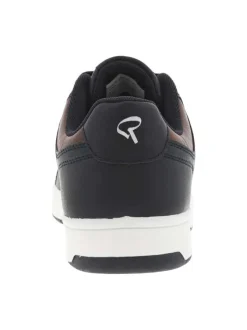 Sneakers bleu marine et marron à semelle blanche avec lacets plats et logo blanc