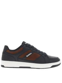 Sneakers bleu marine et marron à semelle blanche avec lacets plats et logo blanc