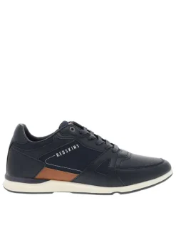 Sneakers bleu marine à talon plat avec un patch de la marque sur la languette