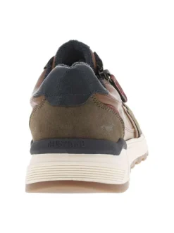 Sneakers brunes et kaki, à semelle semi-compensée et à lacets plats