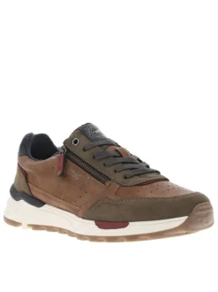 Sneakers brunes et kaki, à semelle semi-compensée et à lacets plats