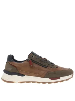 Sneakers brunes et kaki, à semelle semi-compensée et à lacets plats