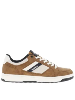 Sneakers camel avec des détails beiges et bleus marine à semelle plate