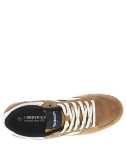 Sneakers camel avec des détails beiges et bleus marine à semelle plate