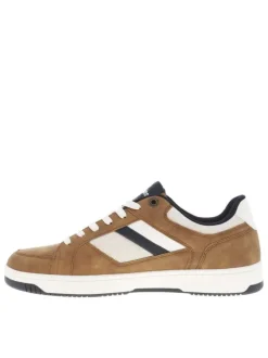 Sneakers camel avec des détails beiges et bleus marine à semelle plate