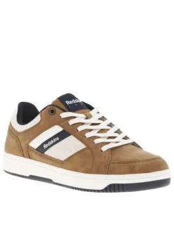 Sneakers camel avec des détails beiges et bleus marine à semelle plate