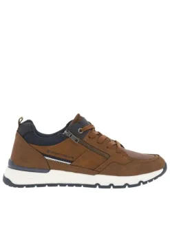 Sneakers camel avec des détails bleus marine et un zip à semelle plate