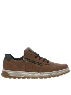 Sneakers cognac à semelle plate beige et à lacets plats bleu marine