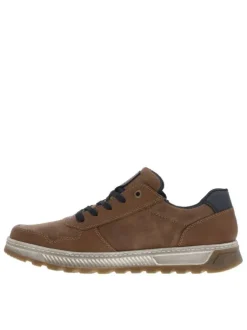 Sneakers cognac à semelle plate beige et à lacets plats bleu marine