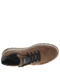 Sneakers cognac à semelle plate beige et à lacets plats bleu marine