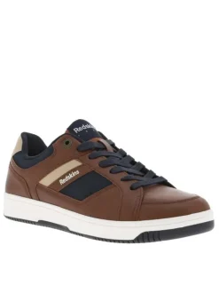 Sneakers cognac à talon plat avec des lacets marine et logo embossé