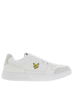 Sneakers en cuir blanc et empiècements beige à logo jaune débossé et lacets