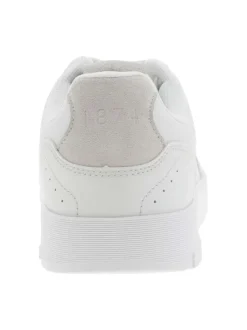 Sneakers en cuir blanc et empiècements beige à logo jaune débossé et lacets