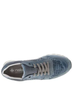 Sneakers en cuir bleu à talon plat et à lacets plats gris avec trous d'aération