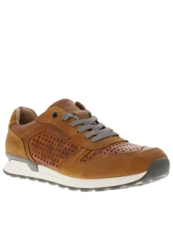 Sneakers en cuir brun à talon plat et à lacets plats et trous d'aération carrés