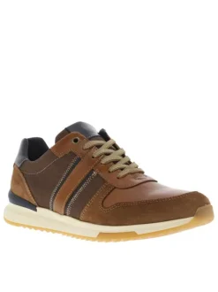 Sneakers en cuir camels et marrons avec des surpiqûres beiges à semelle plate