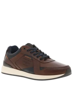 Sneakers en cuir cognac et marine à talon plat avec lacets plats et logo embossé