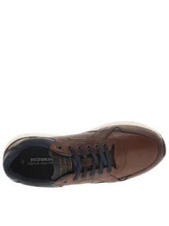 Sneakers en cuir cognac et marine à talon plat avec lacets plats et logo embossé