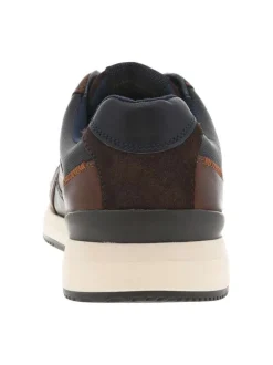 Sneakers en cuir cognac et marine à talon plat avec lacets plats et logo embossé