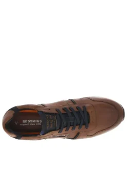 Sneakers en cuir cognac à semelle plate et à lacets plats bleu marine