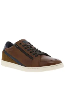 Sneakers en cuir cognac à semelles blanches plates avec lacets et zip