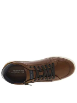 Sneakers en cuir cognac à semelles blanches plates avec lacets et zip