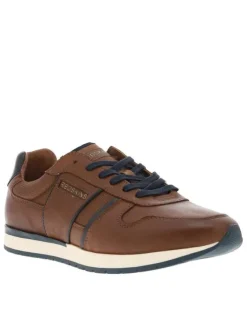 Sneakers en cuir cognac à semelle à talon plat, à lacets et empiècement