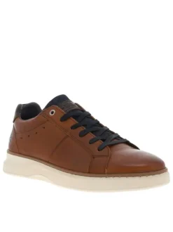 Sneakers en cuir lisse marron à soufflet aspect jean et lacets plats