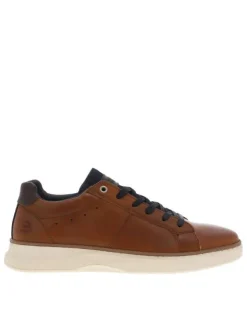 Sneakers en cuir lisse marron à soufflet aspect jean et lacets plats