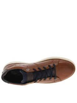Sneakers en cuir lisse marron à soufflet aspect jean et lacets plats