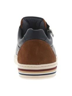 Sneakers en cuir marine avec des détails marrons et un zip à semelle plate
