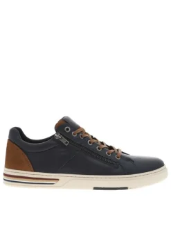 Sneakers en cuir marine avec des détails marrons et un zip à semelle plate