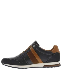 Sneakers en cuir marine et camel avec des surpiqûres grises à semelle plate