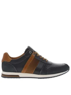 Sneakers en cuir marine et camel avec des surpiqûres grises à semelle plate