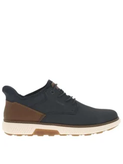 Sneakers en cuir marine à lacets élastiqués avec logo marron et semelle écrue