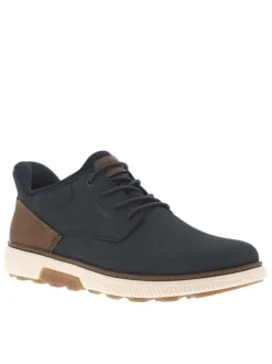Sneakers en cuir marine à lacets élastiqués avec logo marron et semelle écrue